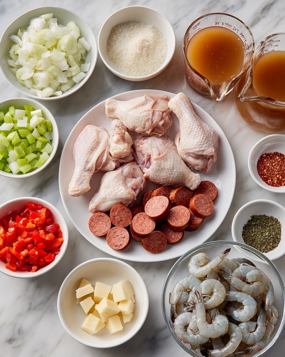 A top view of multiple small white bowls and a large white plate arranged on a white marbled surface, each holding different raw ingredients. The large white plate in the center holds several pieces of raw chicken thighs with pale pink skin on one side and a pile of sliced, reddish-brown sausage rounds on the other side. Surrounding this plate are small white bowls containing chopped white onions, chopped green celery, diced red bell peppers, minced garlic, flour, small yellow butter cubes, reddish crushed flakes, white salt, and green dried herbs. Two clear glass measuring cups hold a light brown broth and chunky red tomatoes. A clear bowl with raw peeled shrimp, grayish in color with tails, is placed near the bottom right. Everything is laid out neatly for cooking, photo taken with an iphone --ar 4:5 --v 7