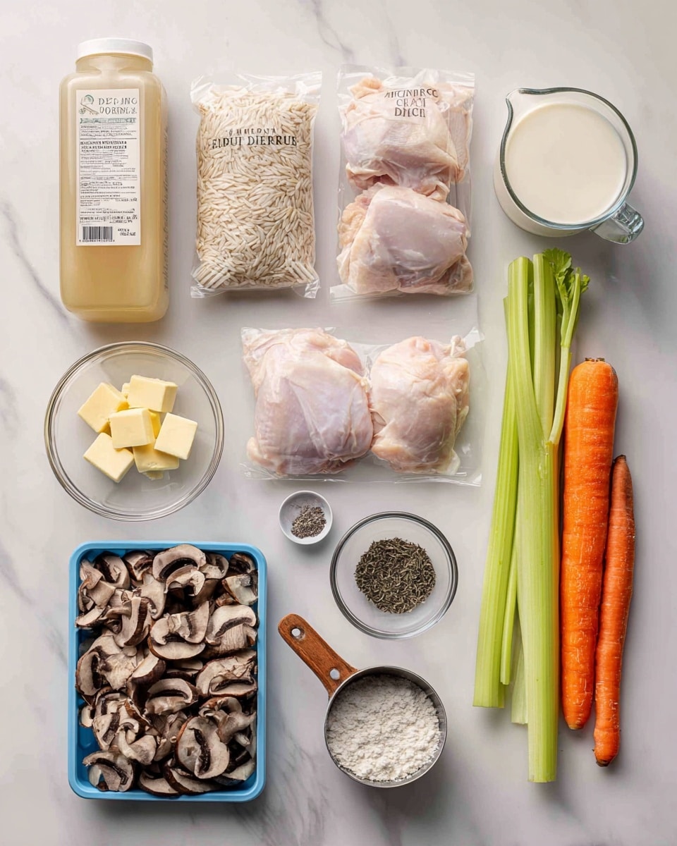The image shows an overhead view of raw cooking ingredients arranged neatly on a white marbled surface. There are two cartons of organic chicken broth positioned vertically on the left, next to a pack of boneless, skinless chicken thighs in clear plastic packaging placed in the center. Above them are two boxes of Minnesota wild rice. To the right, there are two whole carrots, a bunch of celery stalks, and a whole onion lined up vertically. At the bottom right, there is a blue plastic tray filled with sliced mushrooms, a small glass bowl of minced garlic, and a metal measuring cup filled with flour with a wooden handle. At the top left, a small white bowl contains chunks of butter, and next to it is another small white bowl with salt and dried herbs. A glass measuring cup filled with milk is placed near the top center. The layout is clean and evenly spaced. Photo taken with an iphone --ar 4:5 --v 7
