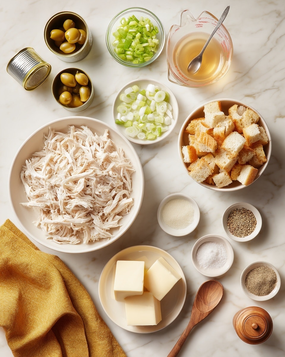 The image shows an arrangement of ingredients on a white marbled surface. On the left, there is a large white bowl filled with shredded pale chicken meat. Next to it, there is a small glass bowl with chopped green celery and a small white bowl with chopped white onions. Above, a can of green olives is seen lying on its side. To the right is a clear measuring cup with a light brown liquid and a spoon inside. On the far right, a large white bowl holds golden brown croutons. Below are small white bowls containing light and dark ground spices and some salt, along with two wooden pepper grinders. A white plate with two blocks of pale butter sits in the lower right corner. A wooden spoon with some light powder rests on a mustard yellow cloth on the bottom left. The overall layout is clean and organized, showing the ingredients clearly for a recipe photo taken with an iphone --ar 4:5 --v 7
