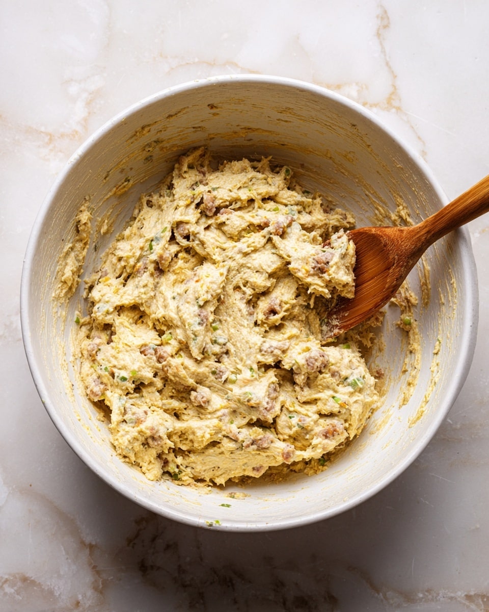 The image shows a thick, creamy mixture with a grainy texture in a large white bowl. The mixture is pale yellow with small pieces of light brown meat and bits of green vegetables mixed in. A wooden spatula is partially submerged, stirring the mixture, which has a dense and moist appearance. The surface around the bowl has a white marbled texture. Photo taken with an iphone --ar 4:5 --v 7