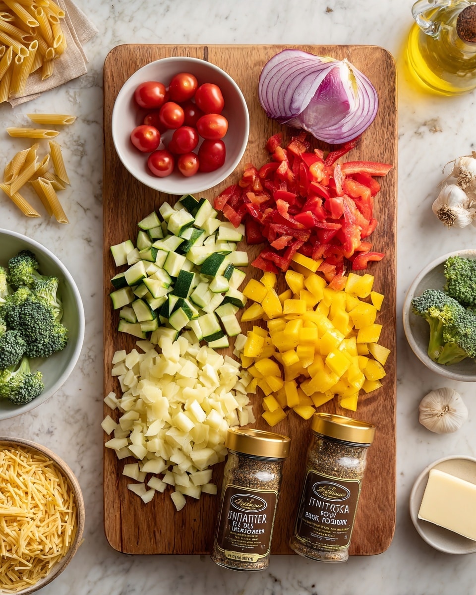 A wooden board placed on a white marbled surface holds five groups of fresh ingredients: a small white bowl filled with bright red cherry tomatoes on the top left; diced green zucchini pieces arranged next to it; thin sliced red bell pepper strips in the center; chopped yellow squash cubes on the right; and a halved red onion positioned above the peppers. Two spice jars with gold lids labeled