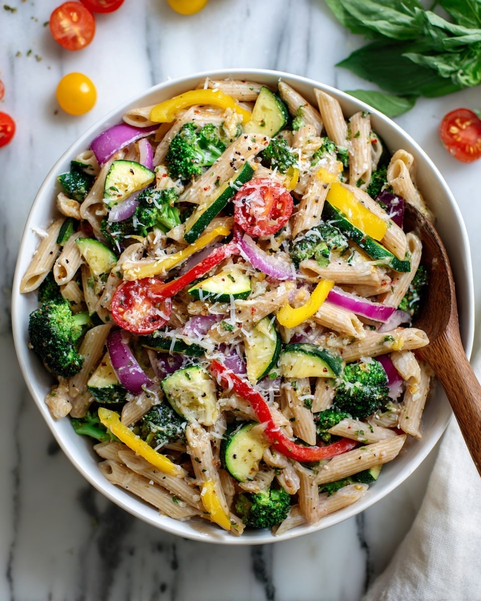 A white bowl filled with pasta salad showing several layers: the bottom layer is light beige penne pasta scattered evenly, followed by bright green broccoli florets and yellow zucchini chunks mixed throughout. Thin strips of red bell pepper and slices of purple onion are spread evenly on top and between the other vegetables. Halved red cherry tomatoes add pops of color on the surface. The entire salad is lightly sprinkled with fine white grated cheese and small black pepper flakes. A wooden spoon is partially resting inside the bowl on the right side. The bowl sits on a white marbled surface with some leafy greens and cherry tomatoes placed around it. Photo taken with an iphone --ar 4:5 --v 7