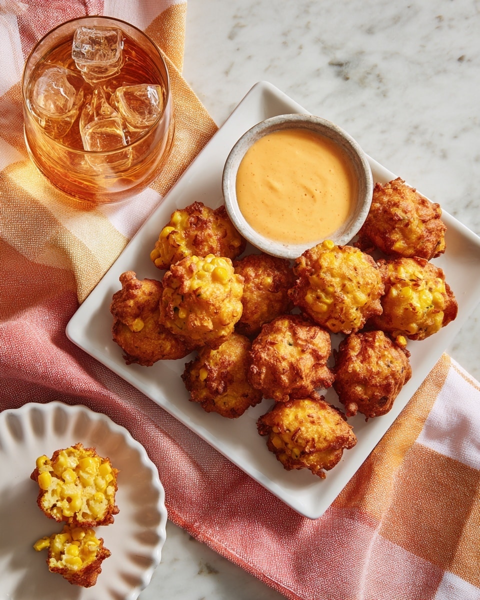 A white square plate holds about twenty golden-brown corn fritters, each round with a slightly bumpy texture showing bits of corn kernels. In the top center of the plate, a small round bowl with light orange sauce sits, thick and creamy. To the left of the plate, a clear glass with amber liquid and ice cubes rests on a white marbled surface covered partially by an orange and white checkered cloth. In the bottom left corner, a white round plate with scalloped edges holds two fritters, one broken open to show the soft, light yellow inside. The photo has warm lighting and a cozy feel photo taken with an iphone --ar 4:5 --v 7