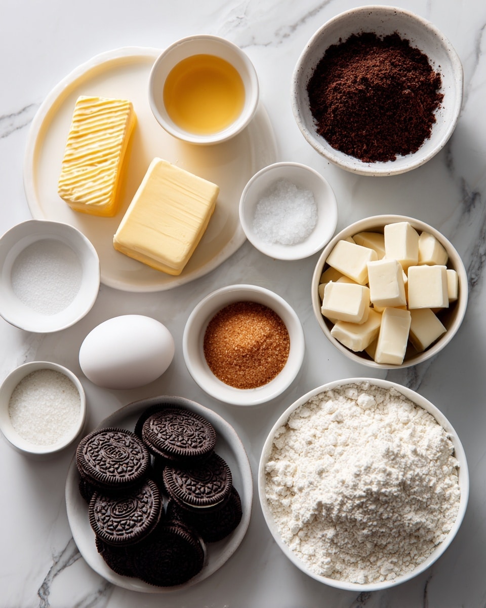 The image shows various baking ingredients neatly arranged on a white marbled surface. There is a white plate holding two sticks of yellow butter, and small white bowls containing vanilla extract, baking soda, and salt. A white egg rests on the surface next to all the bowls. A pile of dark brown Oreo cookies is placed beside a small bowl of brown sugar with a light golden color. There is a small bowl of granulated white sugar, a bowl filled with white chocolate chunks, and a larger bowl of off-white flour. Finally, there is a small bowl of clear coconut oil. The composition is clean and organized. photo taken with an iphone --ar 4:5 --v 7