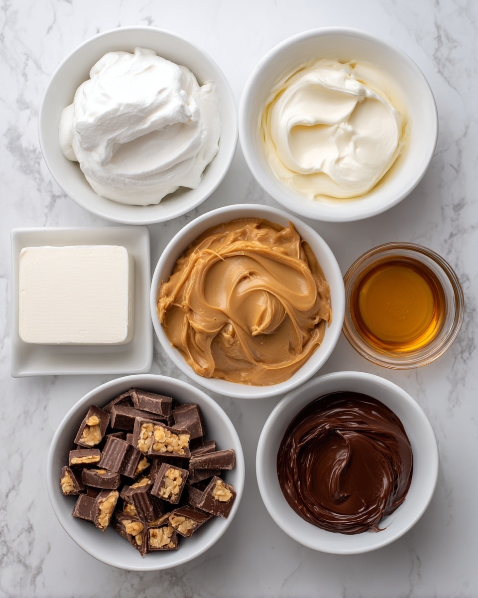 The image shows six small white bowls arranged on a white marbled surface, each containing different ingredients. Starting from the top left, there is a bowl filled with smooth white whipped topping, next to it on the right is a bowl with thick, light creamy condensed milk. Below the whipped topping, a bowl contains creamy peanut butter with a smooth, rich texture and light brown color. To the right of that, there is a bowl with dark brown chocolate syrup, glossy and thick. Below the peanut butter, a smaller bowl holds vanilla extract, appearing as a clear light amber liquid. Next to the vanilla bowl is a white rectangular block of soft cream cheese, sitting on the surface. In the bottom left corner, a bowl is filled with chopped peanut butter cups, showing pieces of chocolate and peanut filling. The bowls are neatly spaced and the overall look is clean and organized, photo taken with an iphone --ar 4:5 --v 7