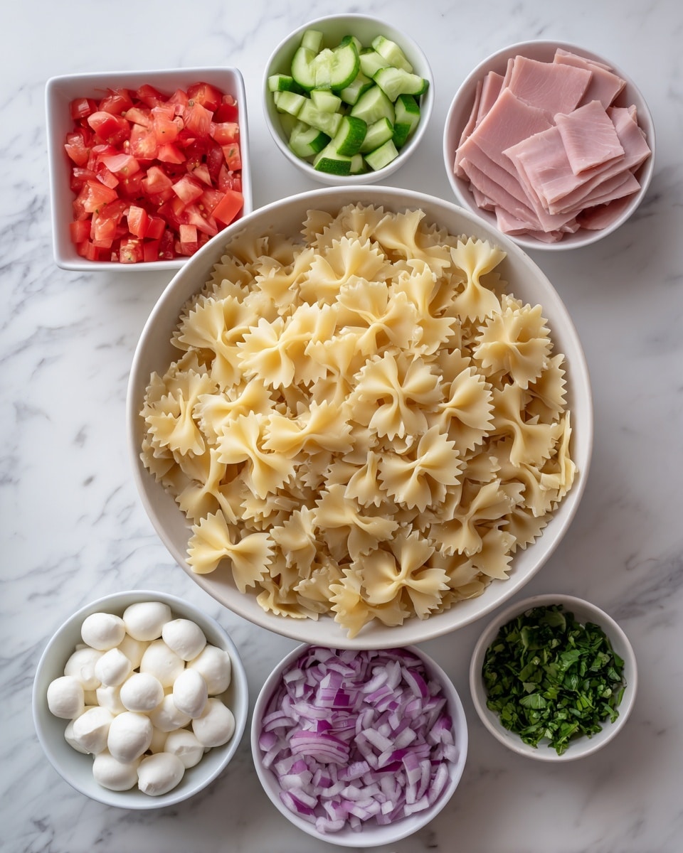 The image shows seven white bowls on a white marbled surface, each holding a different ingredient. In the center is a large round bowl filled with uncooked bow tie pasta, pale yellow with a smooth texture. Surrounding it are six smaller bowls: at the top left is a square bowl with finely diced red tomatoes, bright and juicy; to the top right is a round bowl with chopped green cucumber pieces, fresh and crisp; below that is a round bowl with thin slices of pink ham. At the bottom right is a small round bowl with chopped green basil leaves, fresh and vibrant. To the bottom left is a small round bowl filled with small, white mozzarella balls, smooth and shiny. At the bottom center is a square bowl with diced purple and white red onion, crisp and colorful. Photo taken with an iphone --ar 4:5 --v 7