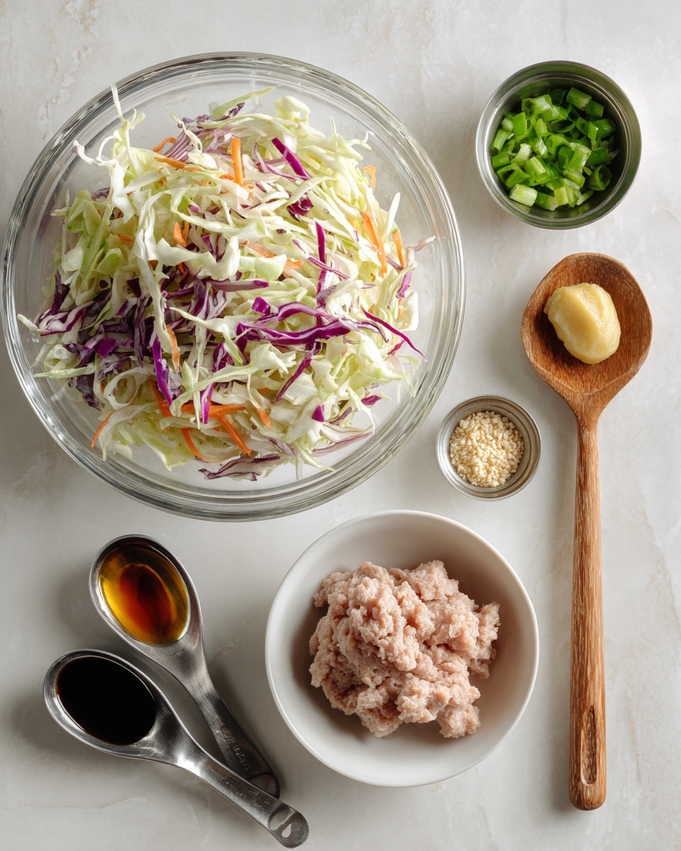 The image shows six ingredients arranged on a white marbled surface. In the center, there is a clear glass bowl filled with a colorful coleslaw mix, mainly white and light green cabbage with some purple cabbage and small orange carrot pieces. Above the bowl, a small steel cup holds light beige crushed garlic, and next to it, another steel cup contains chopped green onion pieces in a bright green color. To the right, a wooden spoon holds a pale yellow ginger paste. Below the ginger, inside a white bowl, there is a mound of pale, raw sausage meat. On the left side of the bowl, a metal measuring spoon with dark soy sauce rests on the surface, and below it, another metal measuring spoon holds a small amount of amber sesame oil. The scene is bright and clean, with clear labels on each ingredient. Photo taken with an iphone --ar 4:5 --v 7
