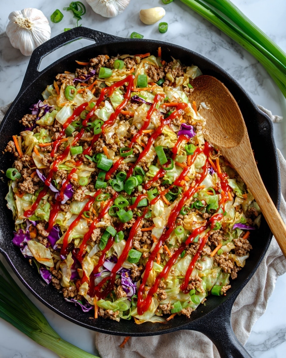 The image shows a black cast iron pan filled with a mixed stir-fry that has three main layers. The bottom layer is light browned ground meat with small chunks spread evenly. The second layer is thinly sliced light green cabbage and some purple cabbage, along with orange carrot sticks mixed throughout, giving a colorful texture. On top, bright green chopped scallions are scattered, and there are thin lines of thick red sauce drizzled diagonally over the dish. A wooden spoon is on the right side of the pan, partly covered by the food, resting on the white marbled surface with some garlic cloves and green onions nearby. photo taken with an iphone --ar 4:5 --v 7