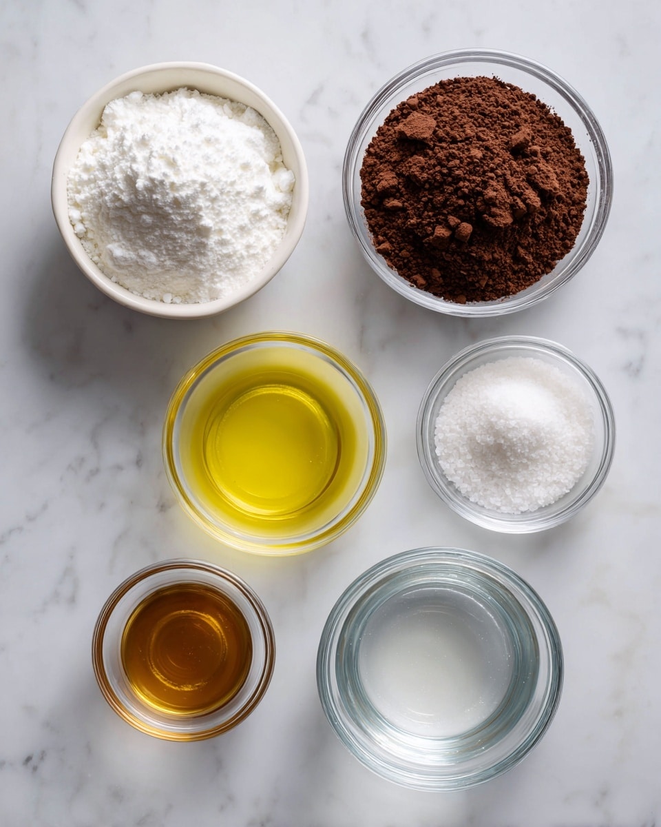 Five small bowls are arranged on a white marbled surface, each holding a different ingredient. The top left bowl, white, is filled with a fluffy mound of powdered sugar, bright white in color. To the upper right, a transparent bowl contains dark brown cocoa powder with a fine texture. In the center, a glass bowl holds melted butter, a smooth yellow liquid with soft swirls. Below it, a small clear bowl has light brown vanilla extract with a shiny surface. Next to it, another small clear bowl contains coarse white kosher salt. To the far right, a larger clear bowl with hot water shows a still, clear liquid. Photo taken with an iphone --ar 4:5 --v 7