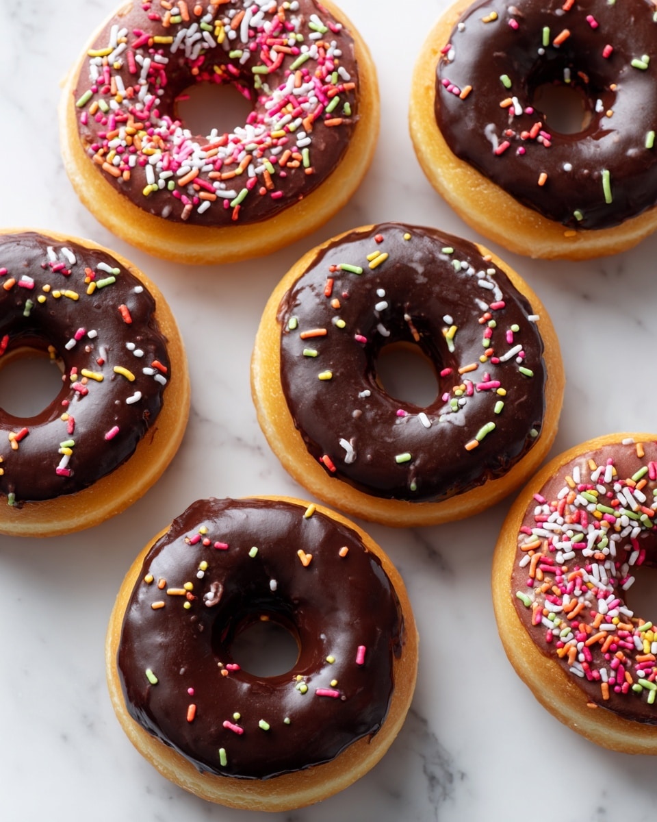 The image shows six donuts placed close together on a white marbled surface. Each donut has one main layer of golden brown dough at the base. On top of the dough, there is a smooth, dark chocolate layer covering the entire top surface. Three of the donuts have colorful, small, thin sprinkle candies scattered unevenly over the chocolate layer, in colors like red, pink, yellow, white, green, and orange. The other three donuts have only the dark chocolate layer without any sprinkles. The texture of the dough looks soft and slightly raised, while the chocolate layer is shiny and smooth. Photo taken with an iphone --ar 4:5 --v 7