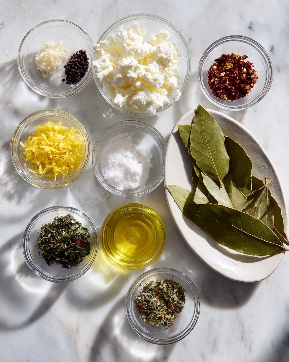 The image shows a white marbled surface with several small clear glass bowls arranged in a semi-circle. Each bowl contains different ingredient portions like white soft goat cheese, finely crushed black peppercorns, bright yellow lemon zest, a few dried red pepper flakes, green herbs, minced garlic, and salt. In addition, there is a white oval plate with large fresh bay leaves placed centrally, a small clear glass bowl filled with light yellow vegetable oil, and another similar bowl holding olive oil to the right side. The light reflects softly off the smooth surfaces, making the colors and textures stand out clearly. photo taken with an iphone --ar 4:5 --v 7