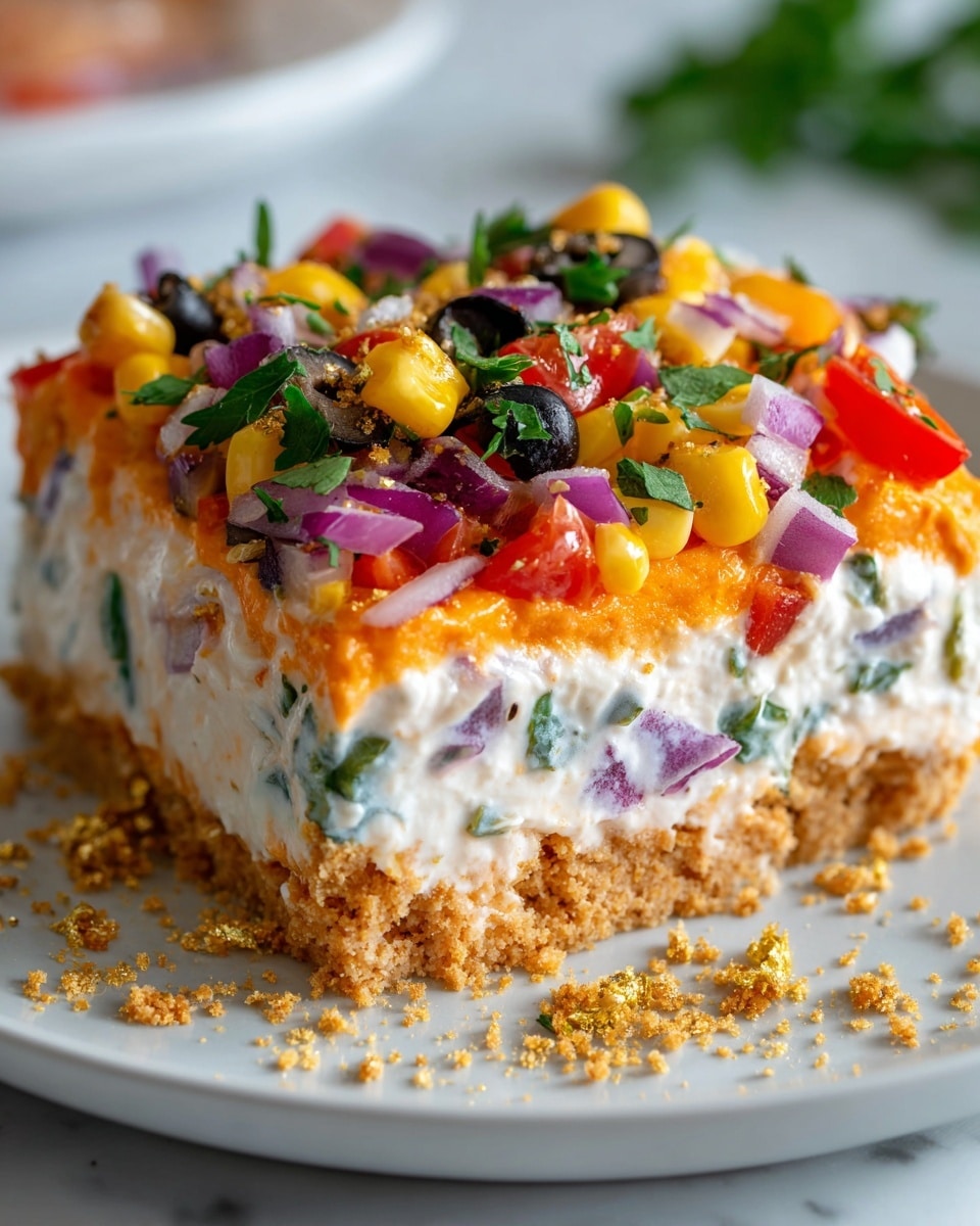 A thick slice of layered dip rests on a white plate, placed on a white marbled surface. The bottom layer consists of a crumbly, light brown base scattered around the slice. On top of the base is a creamy white layer interspersed with small pieces of green herbs and purple onions. Above this is a smooth orange layer, topped with another white layer mixed with diced purple onions and leafy greens. The dish is finished with a colorful topping made of yellow corn kernels, red diced tomatoes, black olives, purple onion chunks, green parsley leaves, and sprinkled golden crumbs covering the entire surface and some falling on the plate around the slice. photo taken with an iphone --ar 4:5 --v 7