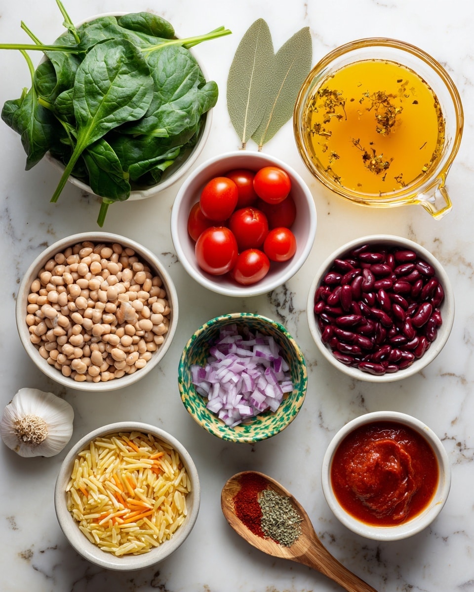 The image shows various ingredients arranged on a white marbled surface. At the top left, there is a bunch of fresh green spinach leaves with a smooth texture. Next to it on the right, a glass cup holds golden yellow broth with small herb specks. Below the spinach and broth are two white bowls; the left bowl contains light brown pinto beans, and the right bowl has dark red kidney beans. On the left side below the beans, a white bowl holds bright red cherry tomatoes with a shiny texture. In the center, a green-patterned bowl contains uncooked orzo, small and pale yellow. To the right of the orzo, another white bowl contains thin carrot slices in bright orange. Below the carrot bowl, a small white bowl has finely chopped purple and white onion. Near the bottom center, a small glass bowl holds rich red tomato paste. To the left of it, a small round white bowl contains pale yellow oil labeled EVOO. Above the oil, a wooden spoon holds dried oregano with a greenish dust look. Fresh green bay leaves lie flat beside the spoon, and a whole white garlic bulb is placed nearby. Finally, a tiny white bowl holds red chili flakes. All items are arranged neatly and clearly visible, photo taken with an iphone --ar 4:5 --v 7