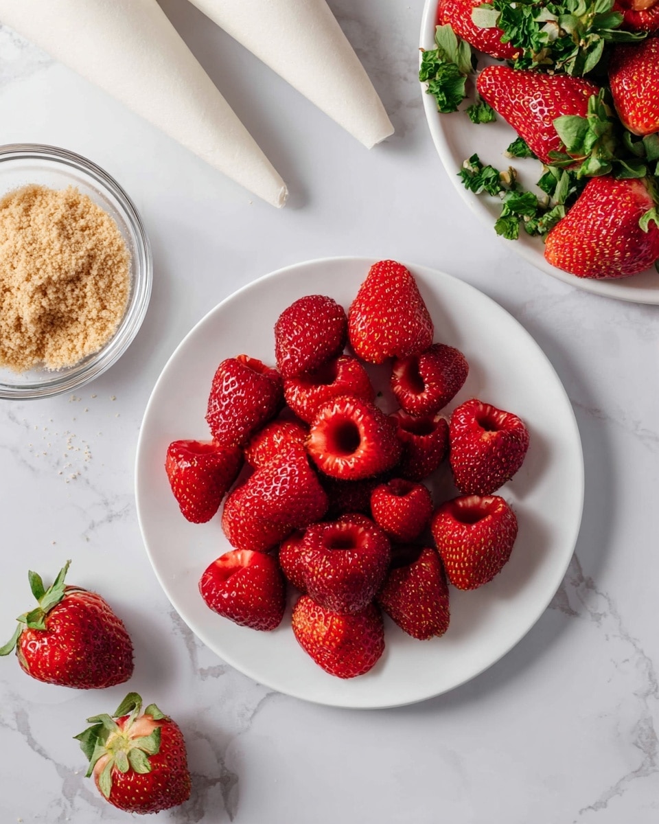 A white plate sits on a white marbled surface with about twenty red strawberries that have had their green tops removed, showing hollow centers, arranged neatly. Nearby, there is another white plate filled with the removed strawberry tops that are green with red bits, and a small clear glass bowl containing light brown crumbs or powder. Part of a white piping bag can be seen at the top left corner, and three whole strawberries with green tops are scattered on the surface beside the main plate. photo taken with an iphone --ar 4:5 --v 7