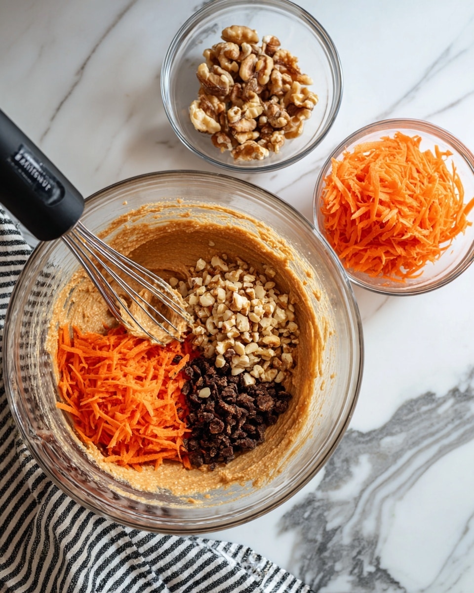 A clear glass bowl holds a thick light brown batter mixed halfway with bright orange shredded carrots on the right side and chopped dark brown nuts on the left side. A black hand mixer is inserted into the bowl from the left side, blending the ingredients. Two small clear glass bowls sit above the mixing bowl, one filled with more chopped nuts and the other with extra shredded carrots. The setting is on a white marbled surface with a black and white striped cloth partially visible on the lower left. Photo taken with an iphone --ar 4:5 --v 7