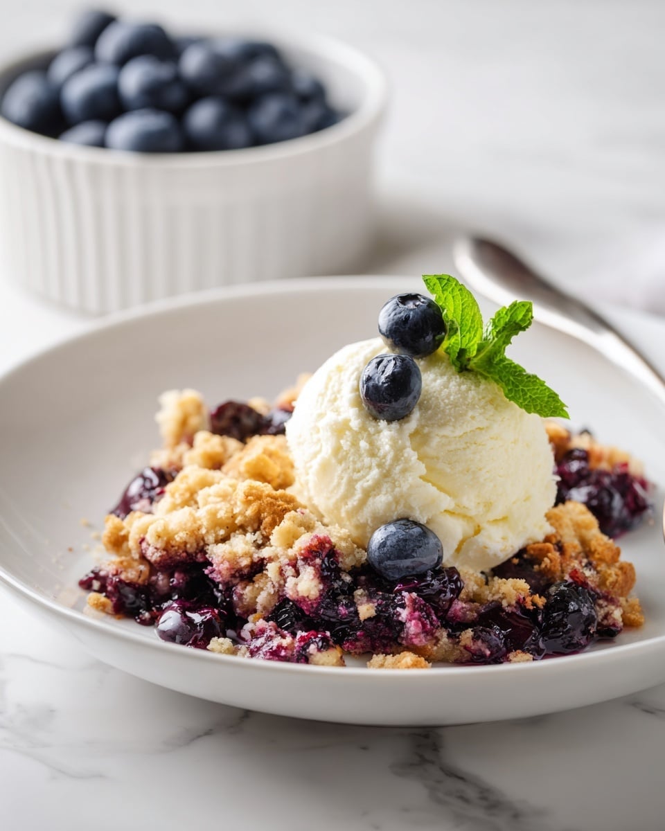 A white plate holds a serving of blueberry crumble, showing dark purple and blue cooked blueberries mixed with golden, crumbly topping that has a rough texture. On top of the crumble sits a scoop of pale yellow ice cream, smooth and creamy, garnished with three fresh blueberries and a small green mint leaf. The plate rests on a white marbled surface, and in the background, there is a white bowl filled with more blueberries, softly out of focus. photo taken with an iphone --ar 4:5 --v 7