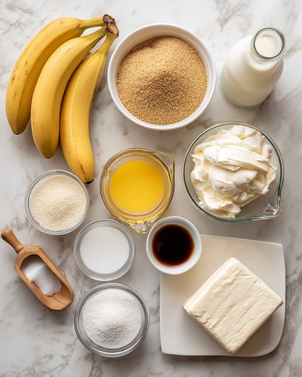 The image shows the ingredients for a dessert arranged on a white marbled surface. There are 3-4 yellow bananas on the top left, and right beside them, a clear glass bottle with white heavy cream. Below the bananas is a white bowl filled with light brown graham crumbs. Next to the bowl is a glass measuring cup filled with yellow melted butter. Above the butter jar is a small white bowl with white sour cream. A small cup with dark brown vanilla extract sits below the butter. On the bottom left, there is a clear jar with white sugar and a small wooden scoop inside. To its right, there is a white plate holding a square block of smooth, white cream cheese. Beside the plate is a small white bowl filled with powdery white powdered sugar. Lastly, near the powdered sugar, there is a white bowl with vanilla pudding mix. The layout is neat, with each ingredient clearly labeled in large black letters. Photo taken with an iphone --ar 4:5 --v 7