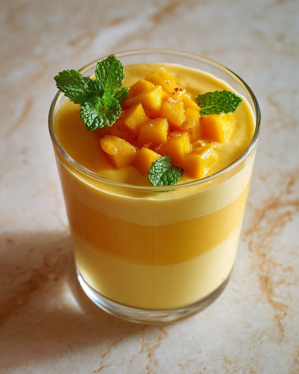 The image shows a glass filled with three layers of mango dessert, each layer smooth and creamy with a bright yellow-orange color. The top layer is garnished with small, diced mango pieces and a few fresh green mint leaves scattered on the surface. The glass is clear, allowing a full view of all the layers inside. The glass sits on a white marbled surface with soft, warm lighting highlighting the vibrant colors of the mango. photo taken with an iphone --ar 4:5 --v 7