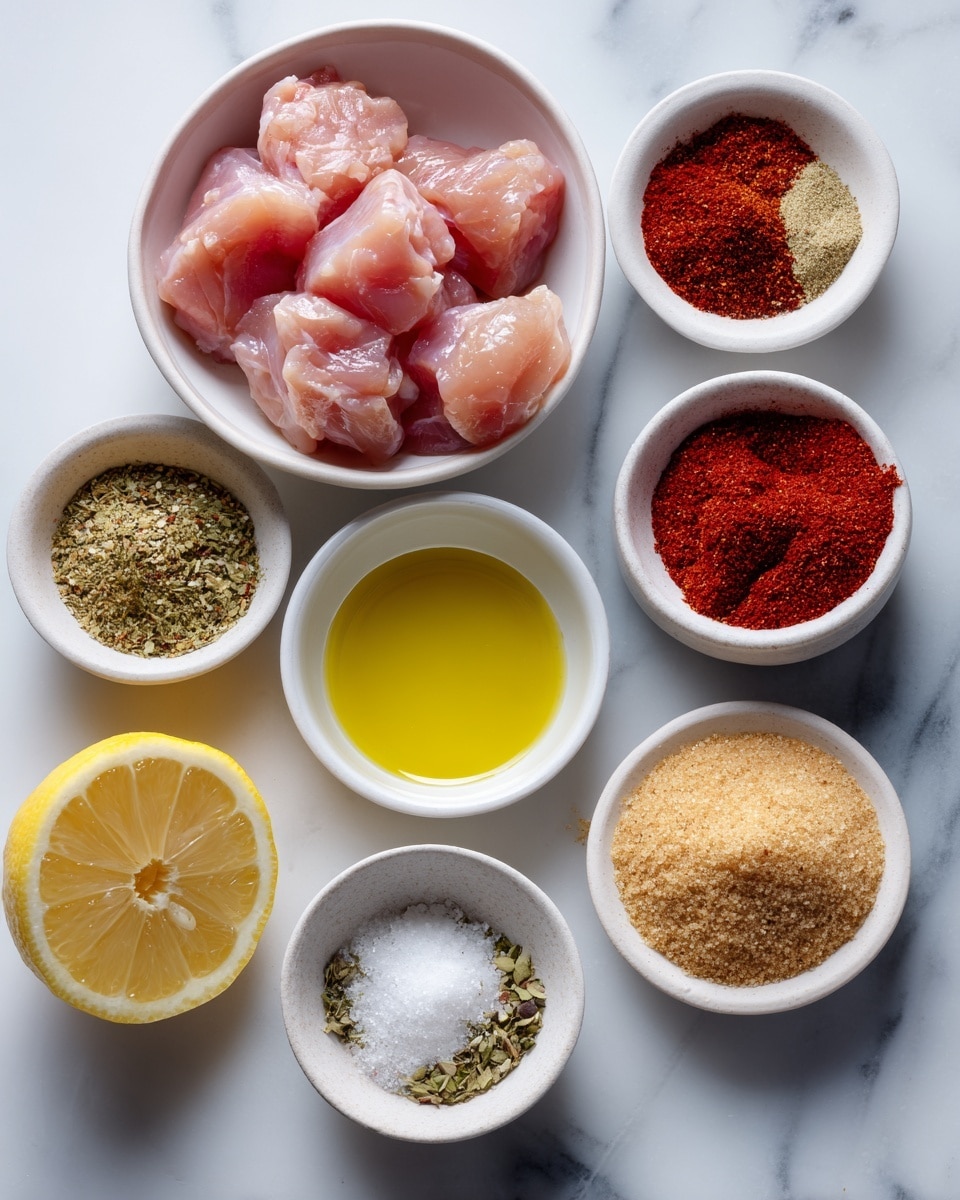 The image shows six small white bowls placed on a white marbled surface. One bowl holds raw pink chicken pieces with a soft, smooth texture. Another bowl contains a mix of colorful spices arranged in separate piles: reddish paprika, brown coriander, red cayenne, green oregano, white onion powder, and white salt. A small bowl of light yellow oil with a shiny surface sits nearby. A lemon half, bright yellow with a juicy, segmented inside, is placed visible. The last bowl has light brown sugar with a slightly grainy texture. photo taken with an iphone --ar 4:5 --v 7