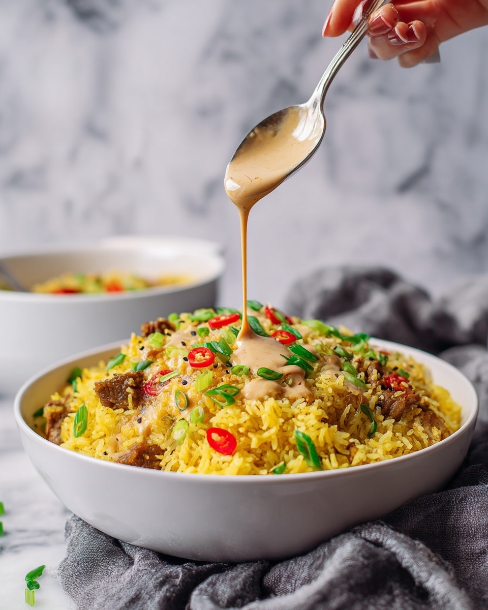 A white bowl filled with a layered dish featuring bright yellow rice mixed with small pieces of cooked meat and scattered red and green chili slices. On top of the rice layer, some slices of fresh green onion are sprinkled for garnish. A woman's hand is holding a spoon above the bowl, pouring a creamy, light brown sauce in thin streams over the rice. The background has a subtle white marbled texture with a blurred bowl of the same dish in the back. A gray fabric napkin is placed near the bowl. photo taken with an iphone --ar 4:5 --v 7