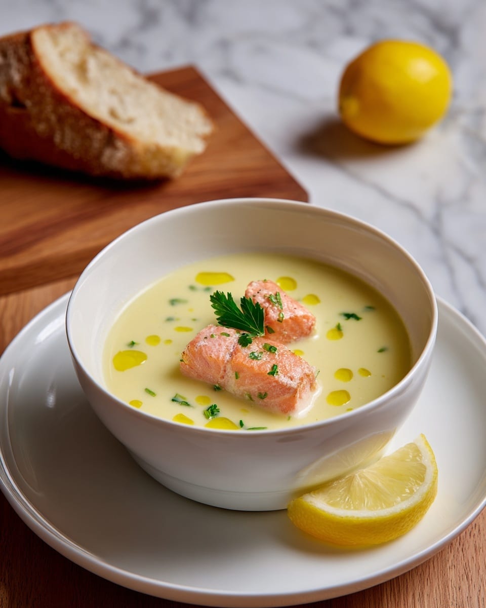 A white bowl sits on a white plate, filled with creamy pale yellow soup that has a smooth texture. On top, there are two pink pieces of cooked fish, with a small green parsley leaf placed on them. Around the fish, there are small green herb bits scattered inside the soup and drops of golden-yellow oil drizzled on the surface. A slice of lemon rests on the plate beside the bowl. In the background, a piece of crusty bread with a light brown crust and a half lemon with a bright yellow color sit on a warm wooden surface, with visible steam rising from the soup. The background surface is replaced with a white marbled texture. photo taken with an iphone --ar 4:5 --v 7