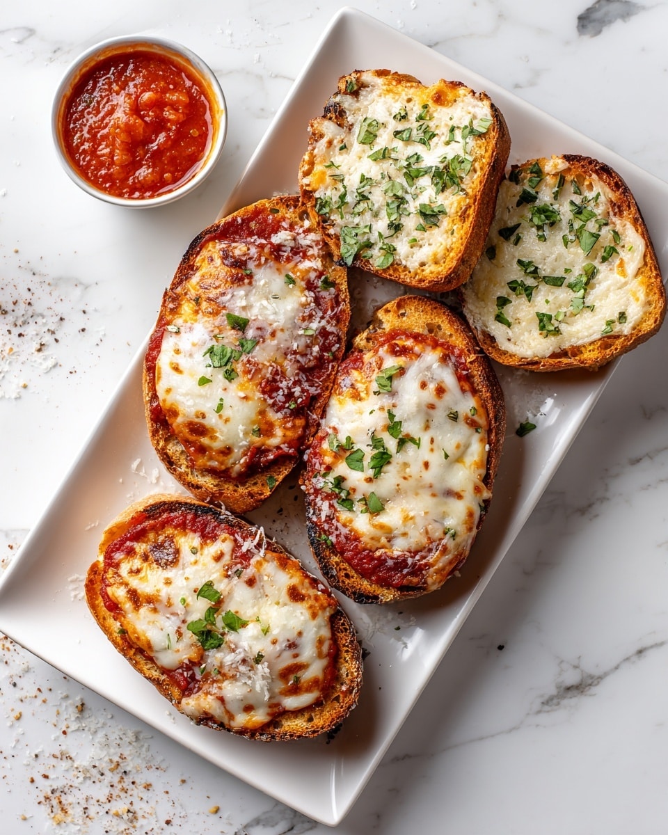 The image shows a white rectangular plate on a white marbled surface, holding four pieces of baked bread. Two pieces are sandwiches filled with red tomato sauce, topped with melted white cheese and sprinkled with herbs and grated cheese, with the bread crust brown and crispy. The other two pieces are smaller bread slices with a layer of melted white cheese and herbs on top, with the bread golden brown. In the top part of the image, there is a small bowl of red sauce. photo taken with an iphone --ar 4:5 --v 7