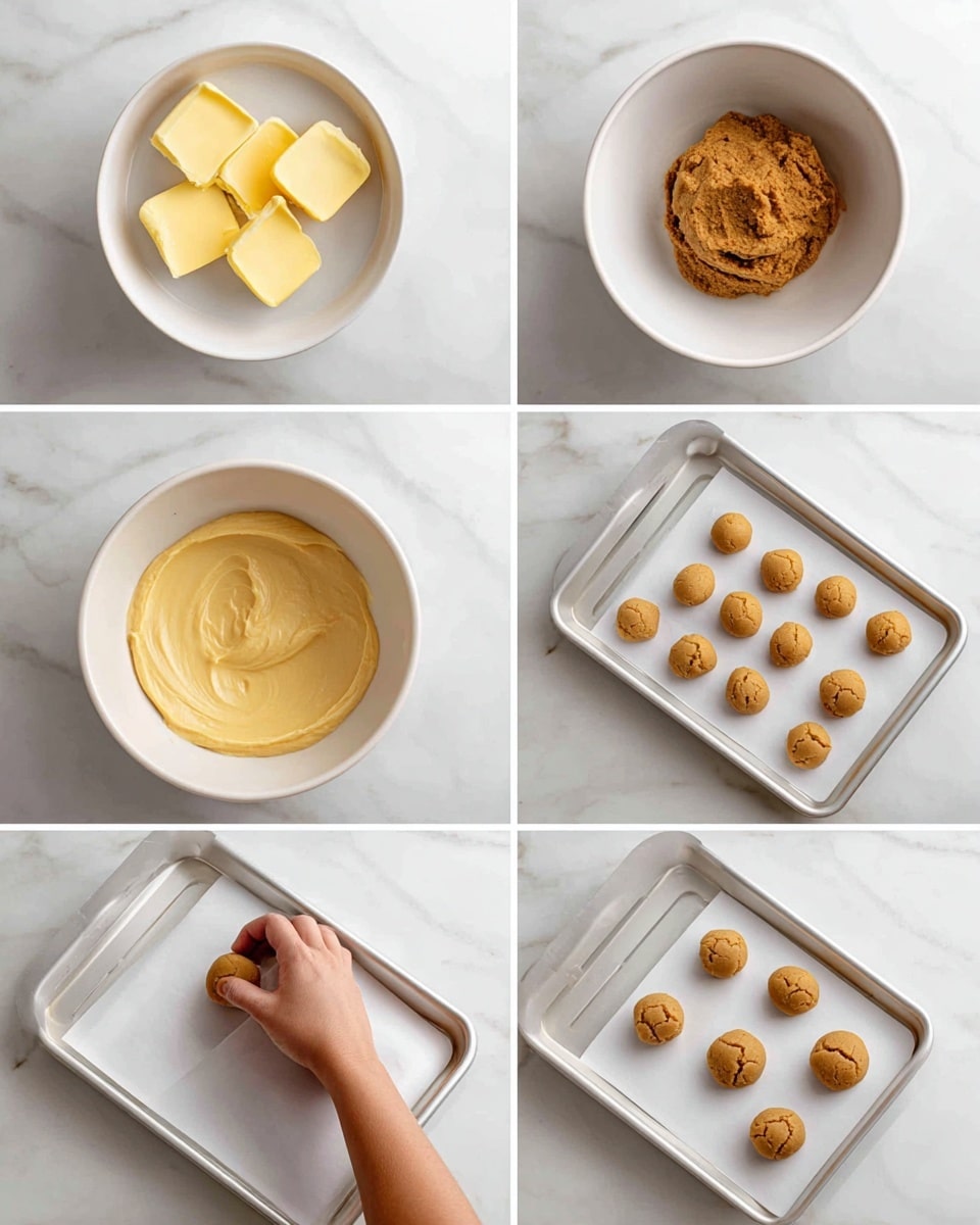 The image shows a sequence of six photos arranged in two rows and three columns, displaying the step-by-step process of making cookies. In the first photo, a small white bowl contains three slices of yellow butter. The second photo features a white bowl with a smooth, pale yellow batter inside. The third photo shows the same white bowl filled with a thicker, brown cookie dough. The fourth photo displays the woman's hand rolling small balls of dough on a white, marbled surface, with a few balls already shaped. The fifth photo shows a white baking tray lined with white parchment paper holding several dough balls spaced apart. The sixth photo shows the dough balls slightly flattened and more spaced on the same white baking tray with parchment paper. The background throughout is a white, marbled texture. photo taken with an iphone --ar 4:5 --v 7