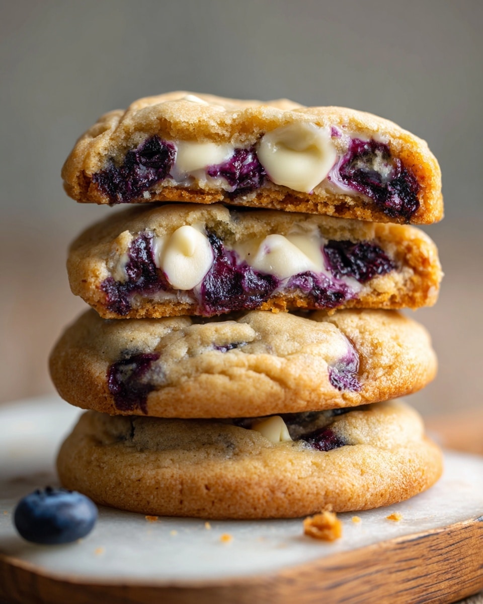 A stack of three thick cookies with a golden-brown surface sits on a wooden board. Each cookie is filled with dark purple blueberries and melted white chocolate chips, visible inside the layers. The cookies look soft and slightly chewy, with some crumbs and a single blueberry on the white marbled surface below. The focus is close up, showing the texture and melted filling clearly. Photo taken with an iphone --ar 4:5 --v 7