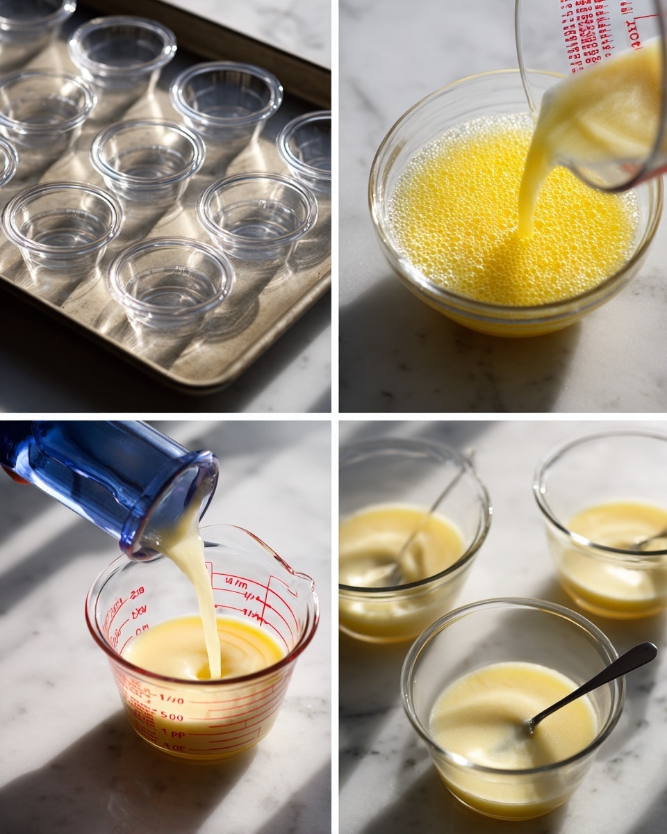 The image shows four scenes of a cooking process arranged in a grid on a white marbled surface. The top left section displays a baking tray with small clear plastic cups evenly spaced, empty and ready for filling. The top right section captures a close-up of a clear measuring cup pouring a transparent liquid into a bowl filled with bright yellow liquid, creating bubbly foam on the surface. The bottom left section features a clear measuring cup with red markings, where a clear liquid is being poured from a blue bottle. The bottom right section shows four of the clear cups now filled with a light yellow smooth liquid on the baking tray, and a metal spoon stirring one of the cups. The lighting is bright and natural, highlighting the colors and textures clearly. Photo taken with an iphone --ar 4:5 --v 7