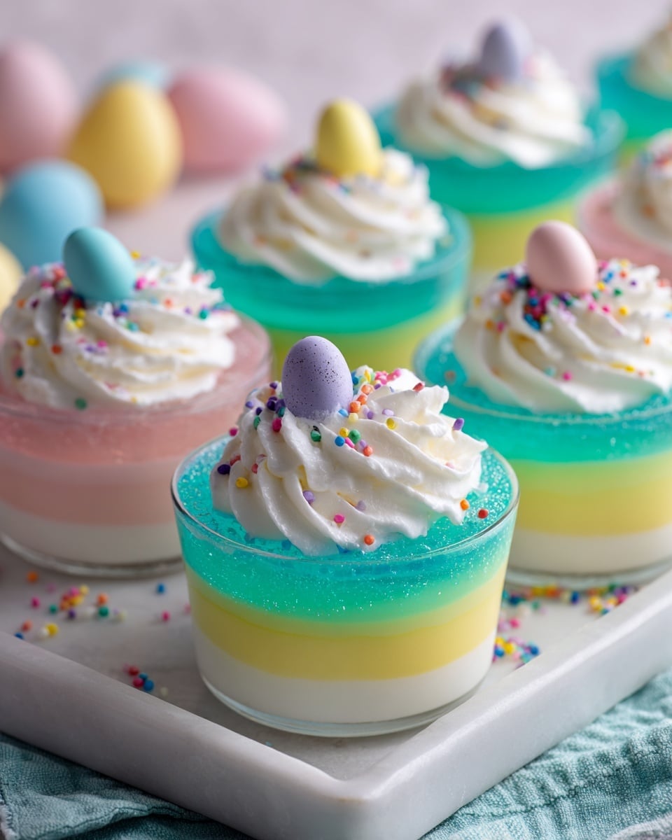 The image shows small desserts in white round bowls and white square cups on a white tray with a white marbled surface underneath. Each dessert has four layers: the bottom layer is green, the next above is yellow, followed by pink, and a top layer of bright blue jelly-like texture. Each dessert is topped with a swirl of white whipped cream, decorated with tiny colorful round sprinkles, and finished with a small pastel-colored candy egg placed on the whipped cream. The background is softly blurred with light colors. Photo taken with an iphone --ar 4:5 --v 7