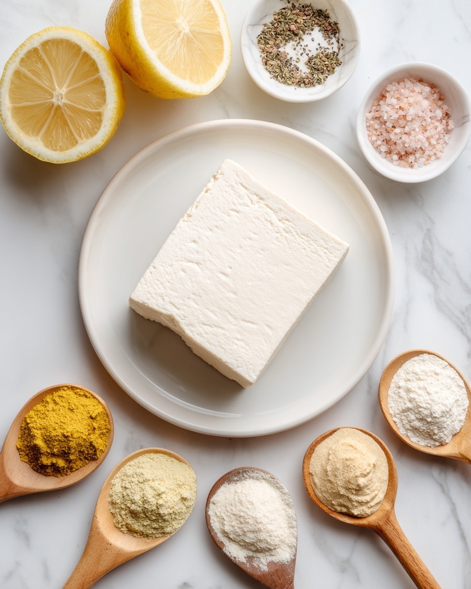 A block of plain white tofu sits centered on a white round plate, surrounded by ingredients arranged neatly on a white marbled surface. To the top left, a lemon cut in half shows its bright yellow and juicy inside, with one half slightly above the other. To the top right, a small white bowl holds pink salt and black pepper mixed side by side. Around the plate, five wooden spoons hold various powders and pastes in different colors and textures: yellow nutritional yeast is in the top left spoon, light beige onion powder in the middle right spoon, light beige garlic powder in the bottom right spoon, golden beige white miso paste in the bottom left spoon. Each item is spaced evenly, showing a clear and clean setup. Photo taken with an iphone --ar 4:5 --v 7