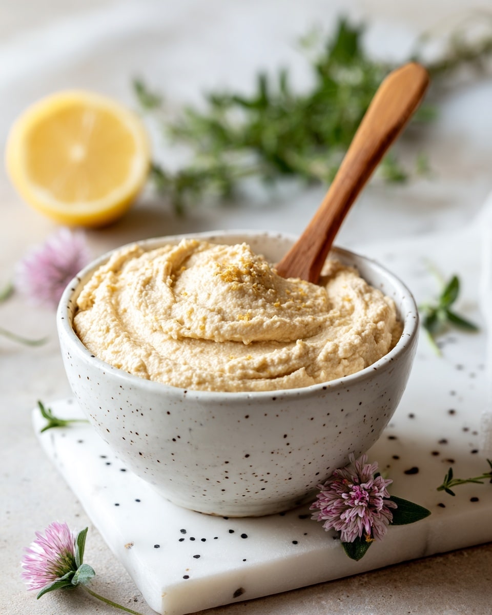 A white ceramic bowl filled with a thick, creamy beige hummus that has a slightly grainy texture, sitting on a white chopping board covered with black dots. There is a wooden spoon stuck into the hummus on the right side of the bowl. In the background, a half lemon and some green leafy herbs lie on a white marbled surface. A small pink flower with green stems is on the chopping board near the bowl. Photo taken with an iphone --ar 4:5 --v 7