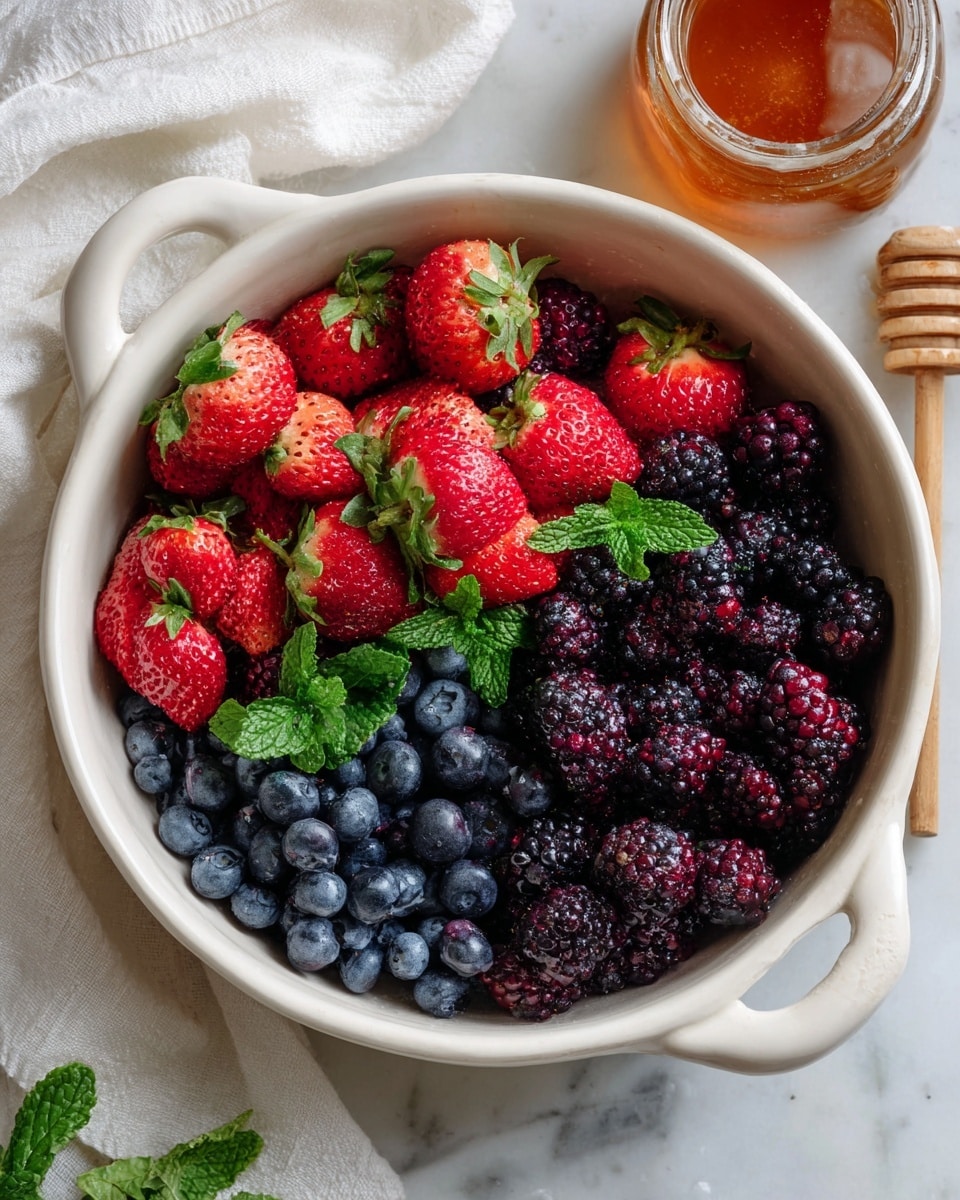 A white bowl with two handles is filled with fresh mixed berries, showing three main layers: a base layer of small, round, dark blue blueberries, a middle layer of large, deep purple blackberries with rough textures, and a top layer of bright red strawberry quarters with green leaves still attached. Sprinkles of fresh green mint leaves are scattered over the berries, adding color and texture contrast. The bowl sits on a white marbled surface with a jar of honey and white cloth partially visible nearby. Photo taken with an iphone --ar 4:5 --v 7