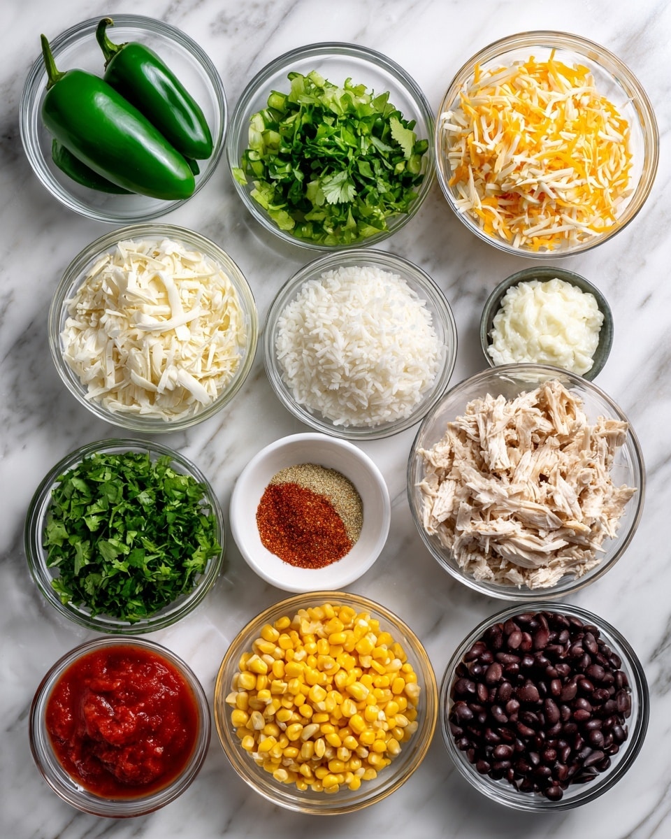 The image shows a flat lay of 11 clear glass bowls arranged neatly on a white marbled surface. Each bowl contains a different ingredient in varying colors and textures: bright green poblano peppers in whole form, a fluffy white bowl of shredded cheese, finely chopped white onions, minced garlic with a pale creamy color, chopped fresh green cilantro leaves, shredded cooked chicken with a light beige tone, smooth white cream cheese, cooked white rice with a soft texture, a small bowl of vibrant red canned tomatoes, bright yellow corn kernels, and glossy black beans. In the center, a small bowl holds a mix of salt and smoked paprika, showing fine grains with a reddish tint. The bowls form a balanced grid, emphasizing the variety of colors and the fresh, raw qualities of the ingredients, photo taken with an iphone --ar 4:5 --v 7