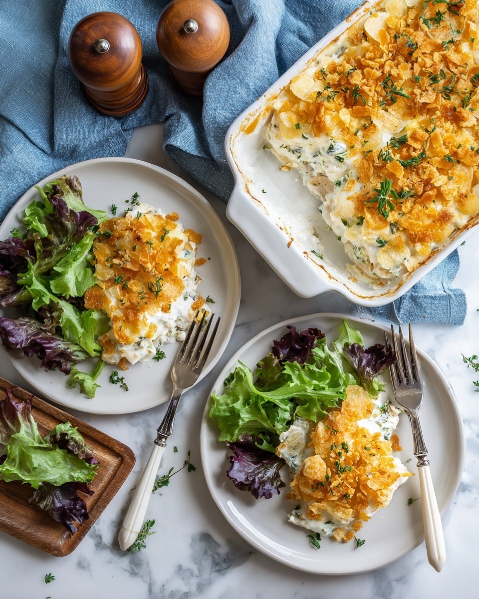 The image shows a white baking dish filled with a creamy casserole topped with a layer of golden, crushed crispy pieces sprinkled with green herbs. On the white marbled surface next to it, there are two white plates each holding a serving of the casserole. Each serving has creamy white layers mixed with the golden crunchy topping, paired with a side of fresh mixed green salad including dark and light green leaves with a couple of reddish-purple leaves. Each plate has a fork with a white handle placed next to the salad. A soft blue cloth is draped near the baking dish and plates, with two wooden salt and pepper grinders at the top of the image. photo taken with an iphone --ar 4:5 --v 7