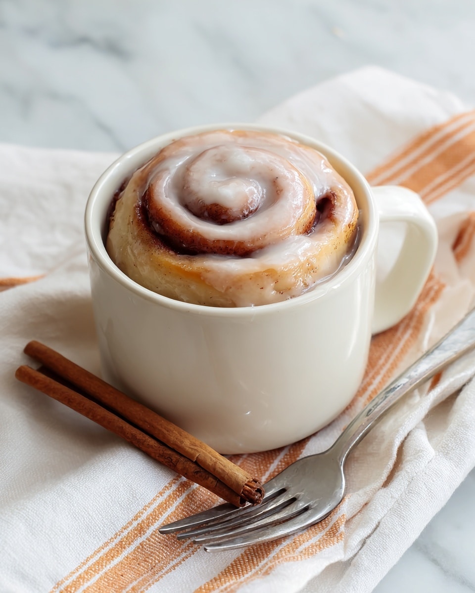 A single cinnamon roll sits inside a white mug, showing one visible thick spiral layer of soft dough coated with a light cream-colored glaze that looks smooth and slightly shiny. The mug is placed on a white marbled surface covered partly by a white cloth with orange stripes. Next to the mug, there are two long cinnamon sticks on the cloth and a silver fork resting on the folded cloth. The overall scene is cozy and simple, with soft natural light. photo taken with an iphone --ar 4:5 --v 7