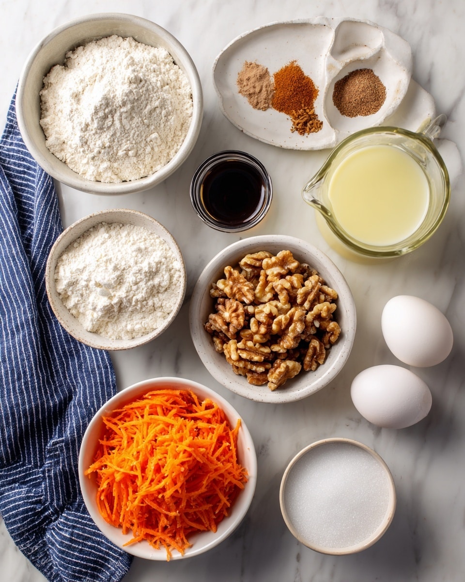 The image shows several white bowls and containers on a white marbled surface, each holding different ingredients arranged neatly from top to bottom and left to right. In the top left, there is a white bowl filled with white flour. To the right of it is a smaller white plate holding four piles of brown and white spices, with distinct textures. Below the flour bowl, there is a white bowl filled with bright orange shredded carrots, giving a rough and fibrous texture. To the right of the carrots is another white bowl filled with chopped walnuts, showing a mix of light brown and beige with rough, uneven pieces. A clear glass jug filled with a pale yellow liquid, likely oil, is placed to the right of the walnuts. Below the carrots is a white bowl filled with white granulated sugar, smooth and even. To the left of this is a small glass of dark liquid, almost black in color, next to three white eggs resting beside a navy striped cloth napkin. Above these eggs and to the left is a black measuring cup filled with white milk. The whole setup is clean, organized, and brightly lit, with clear color contrasts between the white containers and the vivid colors of the ingredients. Photo taken with an iphone --ar 4:5 --v 7
