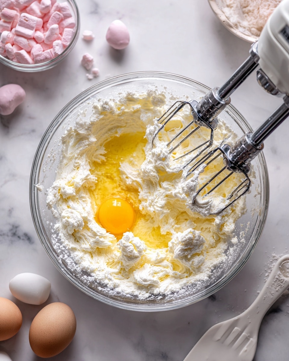 A clear glass bowl sits in the middle of a white marbled surface, containing a mix of creamy white fluffy butter and sugar with a raw egg yolk and a small splash of vanilla beside it. A hand mixer with two metal beaters is gently pressing into the mixture from the left side of the bowl. Surrounding the bowl, there are blurred kitchen items including a small bowl of pink candy pieces and a white spatula on the white marbled surface. Photo taken with an iphone --ar 4:5 --v 7