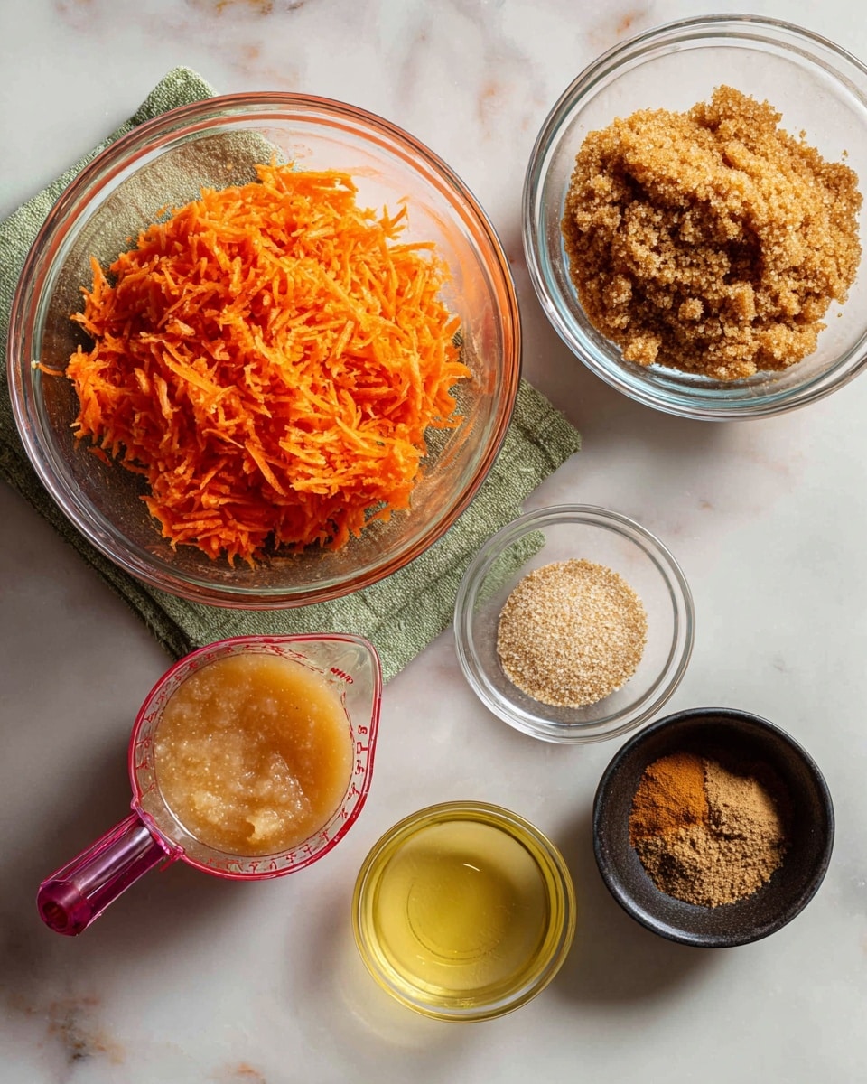 The image shows five different ingredients arranged on a white marbled surface. At the top right, there is a clear glass bowl filled with light brown, coarse brown sugar. Below and to the left of it, a larger clear glass bowl is full of bright orange, grated carrots with a rough, shredded texture. To the left of the carrots, there is a shiny, silver measuring cup with a pink handle sitting on a green cloth, filled with light beige applesauce that looks smooth and thick. At the bottom left, a glass measuring cup with red markings holds clear, pale yellow oil with a shiny surface. At the bottom right, a small matte black bowl contains a few piles of ground spices in shades of brown, tan, and beige, each with a fine powder texture. photo taken with an iphone --ar 4:5 --v 7
