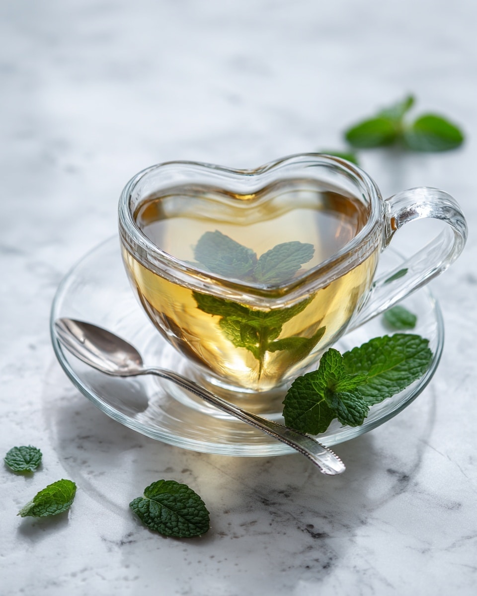 A clear glass tea cup in the shape of a heart sits on a matching clear glass saucer, both resting on a white marbled surface. The cup is filled with a light golden tea, showing the smooth liquid texture inside. Around the cup and saucer, small green mint leaves are scattered, adding a fresh touch of color. A silver spoon lies diagonally across the top left side of the saucer, its shiny surface reflecting light. The image is bright, clean, and simple, focused on the heart-shaped cup and the soft colors of the tea and leaves. photo taken with an iphone --ar 4:5 --v 7
