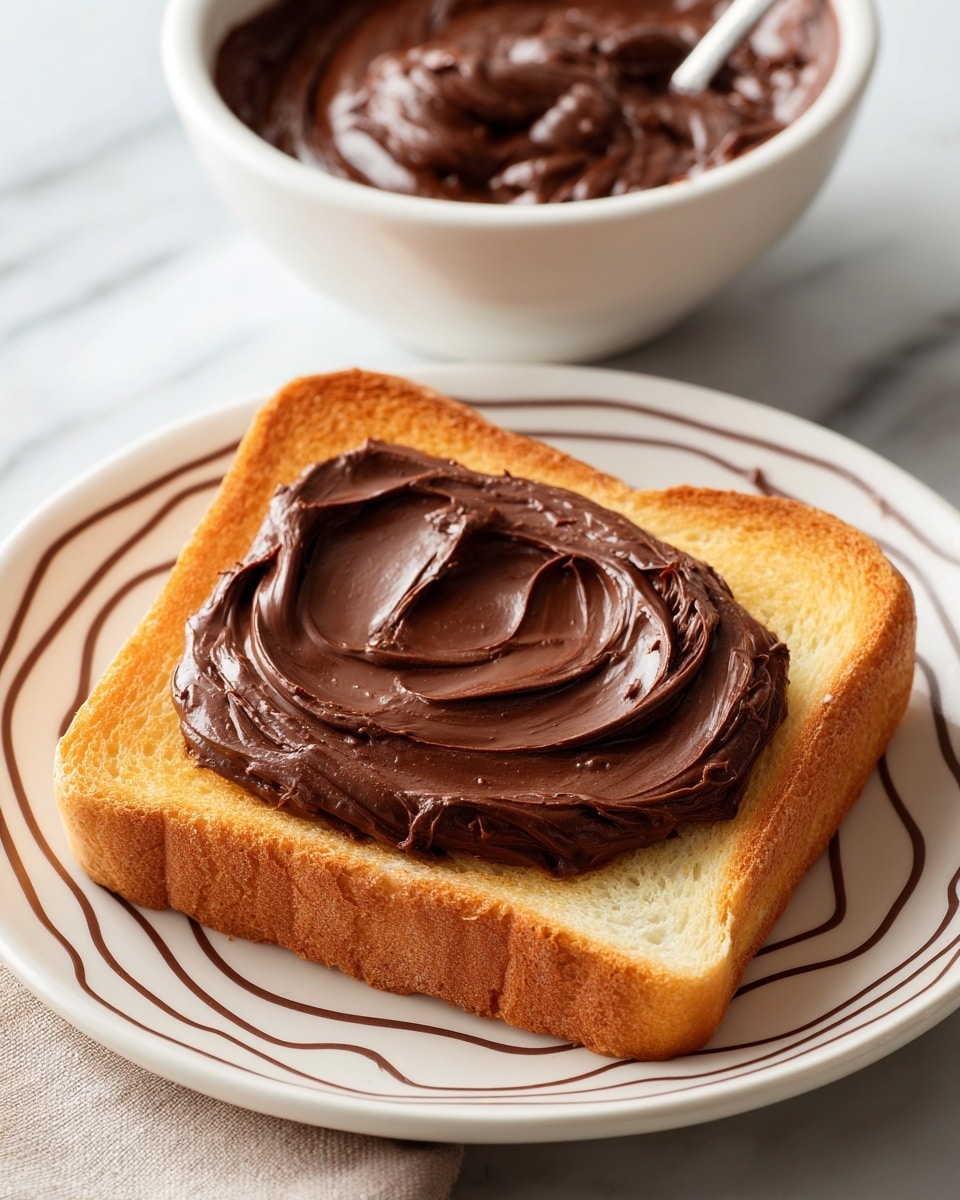 A slice of golden toasted bread sits on a white plate with brown swirl patterns, topped with a thick spread of smooth, dark brown chocolate paste that covers the center of the toast evenly, leaving the edges bare. Behind the toast, there is a white bowl filled with more of the chocolate spread. The surface under the plate is a white marble texture. photo taken with an iphone --ar 4:5 --v 7