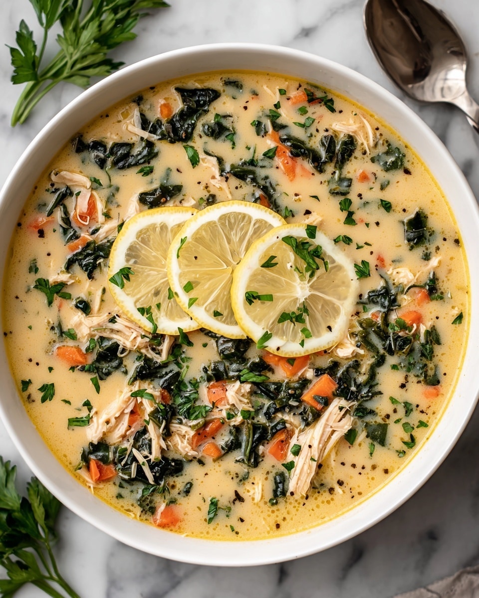 A white bowl filled with thick yellow soup layered with small orange carrot pieces, shredded white chicken, and dark green leafy spinach, topped with two thin yellow lemon slices and sprinkled with chopped fresh green parsley and black pepper. In the background, there is another white bowl with the same soup, green parsley leaves scattered on a white marbled surface, and a silver spoon placed near the bowl next to a yellow and white striped cloth with a partial lemon visible. The photo taken with an iphone --ar 4:5 --v 7