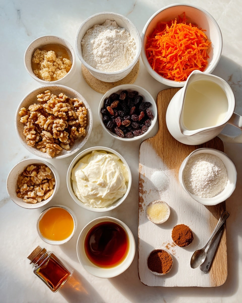 The image shows an assortment of ingredients laid out on a white marbled surface. On the top right, there is a white jug filled with light almond milk. Next to it is a round white bowl filled with bright orange shredded carrots. Below the carrots is a white cup holding pale, powdery gluten free oat flour, and beside it, a small white bowl with white baking powder. Moving down, a rectangular white cutting board holds chopped light brown walnuts with a knife beside them. Above the walnuts, a small white bowl contains dark raisins. To the left, a larger white bowl holds smooth, thick white Greek yogurt, and above that is a white bowl filled with creamy white cream cheese. On the far upper left, a small white bowl contains fine brown cinnamon powder, and just below it, a cup with dark amber maple syrup. Below the syrup, another white bowl holds shredded white coconut flakes. To the left bottom side, tiny bowls contain various brown powders: nutmeg and more spices. Near the bottom left corner, there is a small glass bottle of amber vanilla extract, and beside it a cup with clear coconut oil. The ingredients are arranged neatly, and the entire scene is lit with soft natural light. Photo taken with an iphone --ar 4:5 --v 7