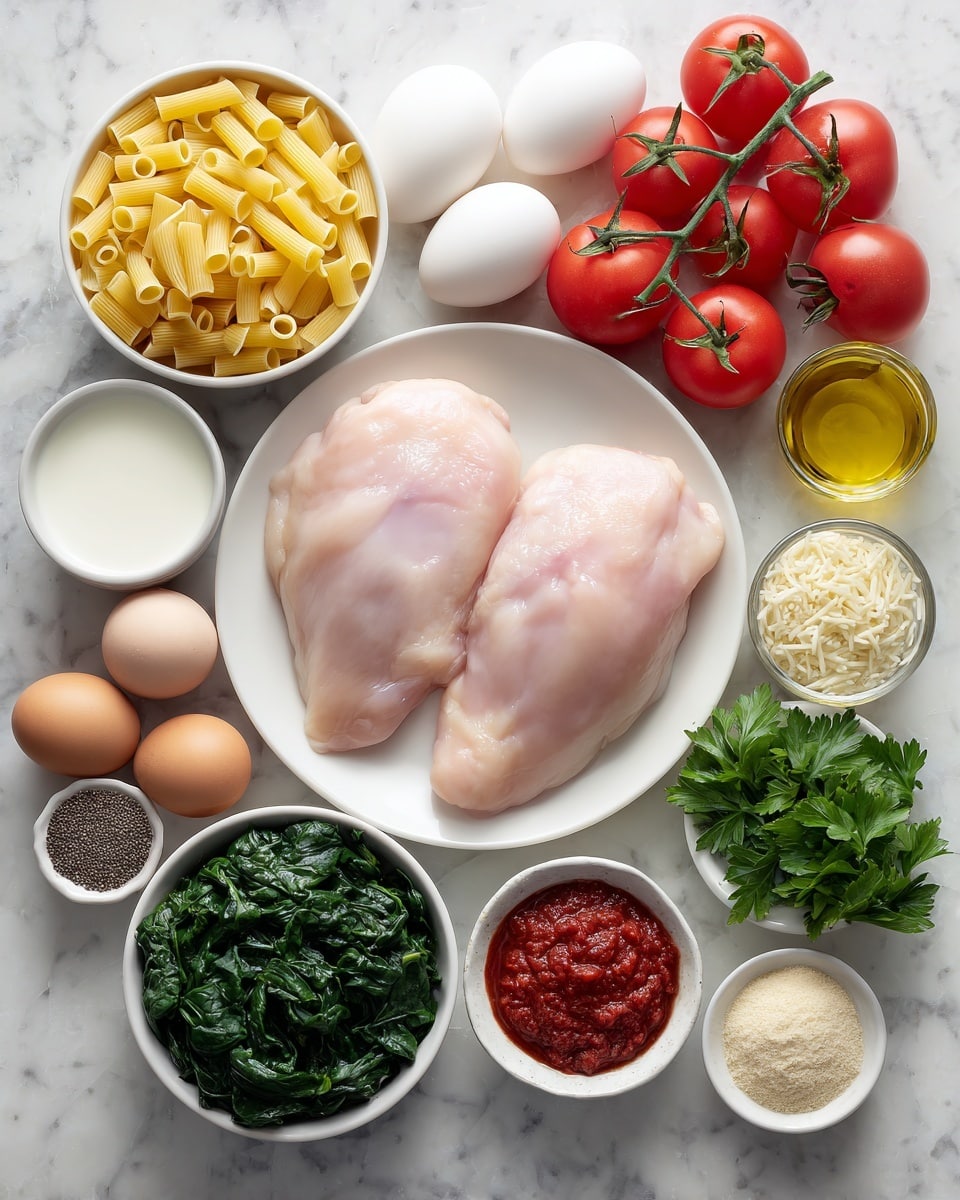 The image shows a white round plate in the center with two large, pale pink raw chicken pieces side by side. Surrounding the plate are smaller white bowls arranged in a neat circle on a white marbled surface: at the top is a bowl filled with yellow uncooked pasta tubes, nearby a bowl of fresh red tomatoes on the vine, a bowl of white milk, a bowl with chopped white onions, three brown eggs, a small bowl of green parsley, a bowl of fresh dark green spinach leaves, a small bowl with golden olive oil, a bowl with a beige powder, a bowl filled with dark red tomato paste, and a bowl of ground black pepper. The colors are natural and fresh, with the textures clearly visible from the smooth chicken to the leafy spinach. photo taken with an iphone --ar 4:5 --v 7