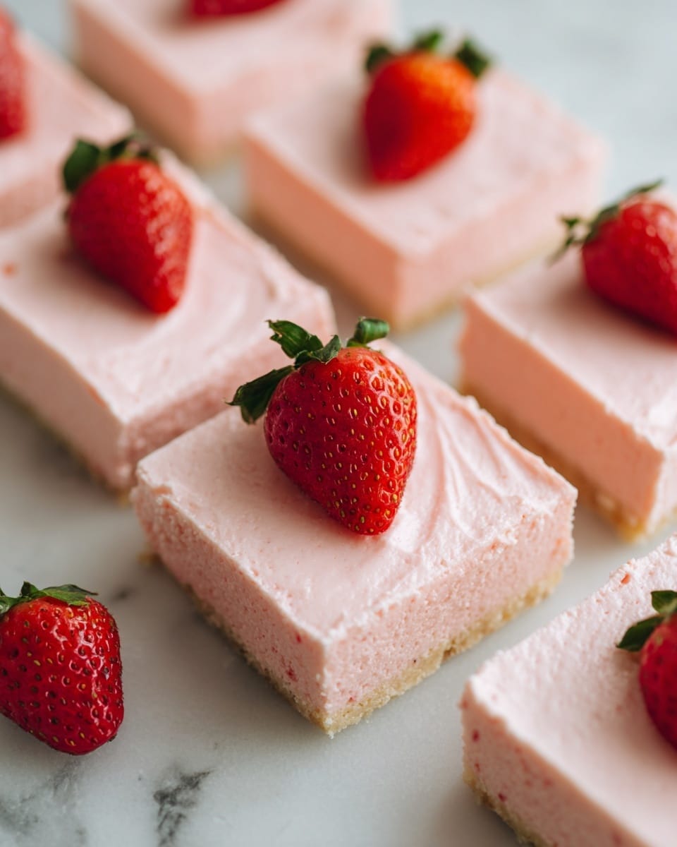 This image shows a close-up of a pink square dessert with a smooth, creamy texture spread in an even layer. The dessert is cut into smaller squares with clean lines dividing each piece. Each square has a whole, fresh strawberry with green leaves placed in the middle, adding bright red and green color contrast on top of the pale pink base. The background is a white marbled texture, making the pink and red colors stand out clearly. photo taken with an iphone --ar 4:5 --v 7