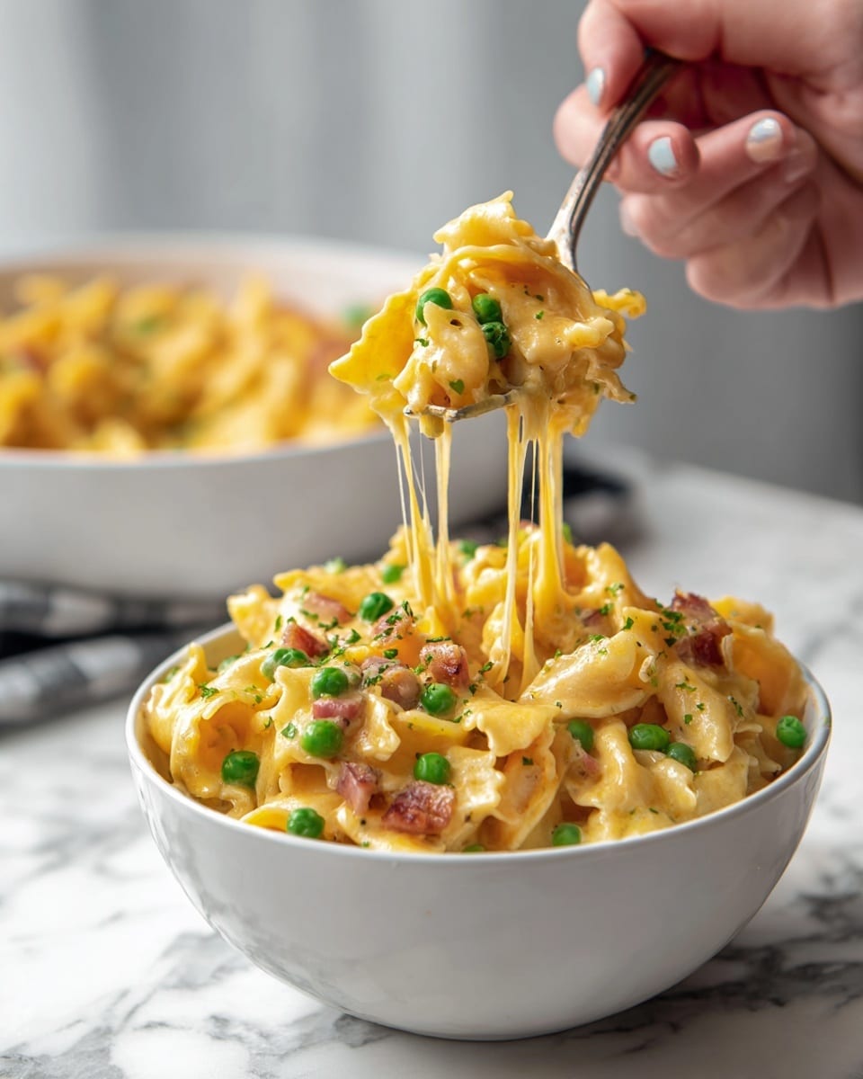 In this close-up image, light yellow egg noodles with soft, curly edges rest in a shallow pool of creamy white sauce that bubbles gently around them. On top, there is a generous pile of bright green frozen peas, some showing icy frost, adding a fresh contrast to the pale noodles and sauce below. The dish is arranged in a white pan, placed on a white marbled surface. photo taken with an iphone --ar 4:5 --v 7