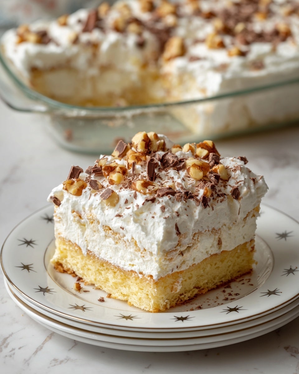 A square slice of cake sits on a white plate with simple star and dot patterns, showing three layers: a moist yellow cake base, a thick white whipped cream middle layer, and a generous top layer of whipped cream sprinkled with chopped nuts and chocolate pieces. Behind the plate is a clear glass baking dish with more of the same cake, where several pieces are still inside, resting on a white marbled surface. Photo taken with an iphone --ar 4:5 --v 7