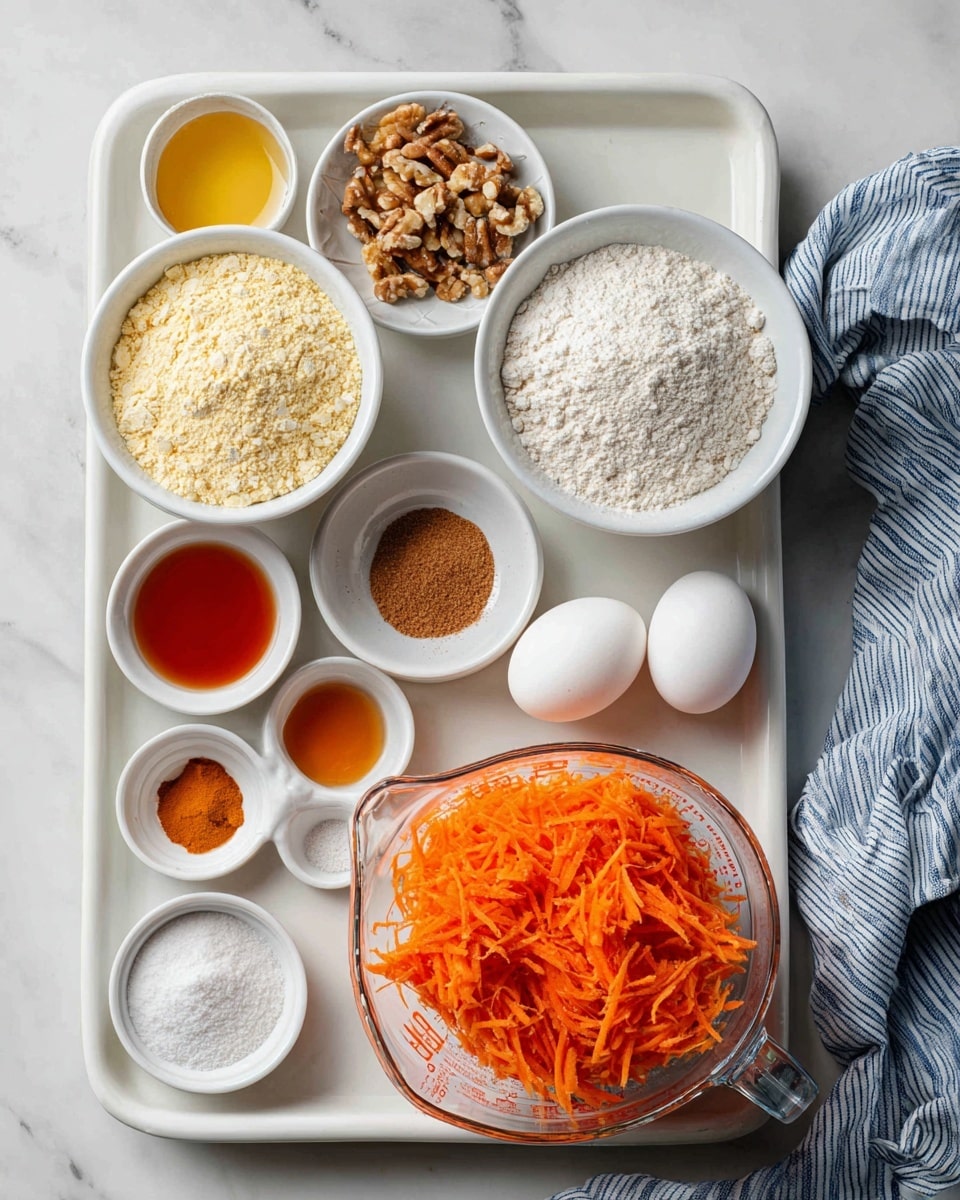 The image shows a white tray on a white marbled surface, holding several small white bowls and a clear measuring cup filled with shredded orange carrots. There are two white eggs placed directly on the tray near the top right. The bowls contain different dry ingredients: one has a pale yellow flour mix, another has brown chopped nuts, a bowl with white sugar, and a small bowl with a golden liquid, likely honey or oil. There are also tiny white bowls holding a reddish liquid, a brown powder, white granules, and some white powder. A striped blue and white cloth is partly visible on the right side. Photo taken with an iphone --ar 4:5 --v 7