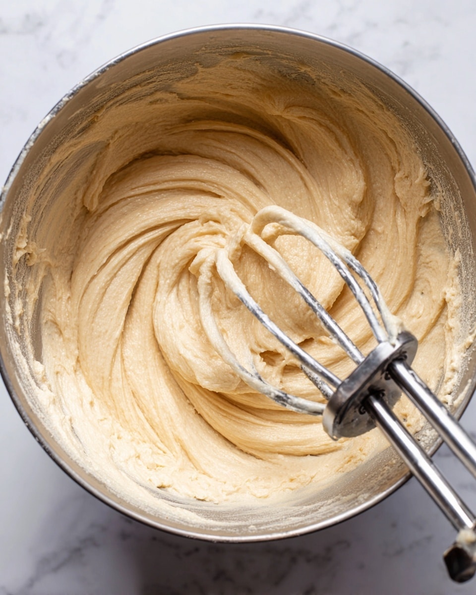The image shows a close-up of a metal mixing bowl filled with light beige dough or batter. The dough has a creamy, smooth texture with soft swirls and peaks shaped by mixing. Part of a metal mixer with several thin wire beaters is partially visible inside the bowl, with bits of dough sticking to the wires. The bowl is placed on a white marbled surface. photo taken with an iphone --ar 4:5 --v 7