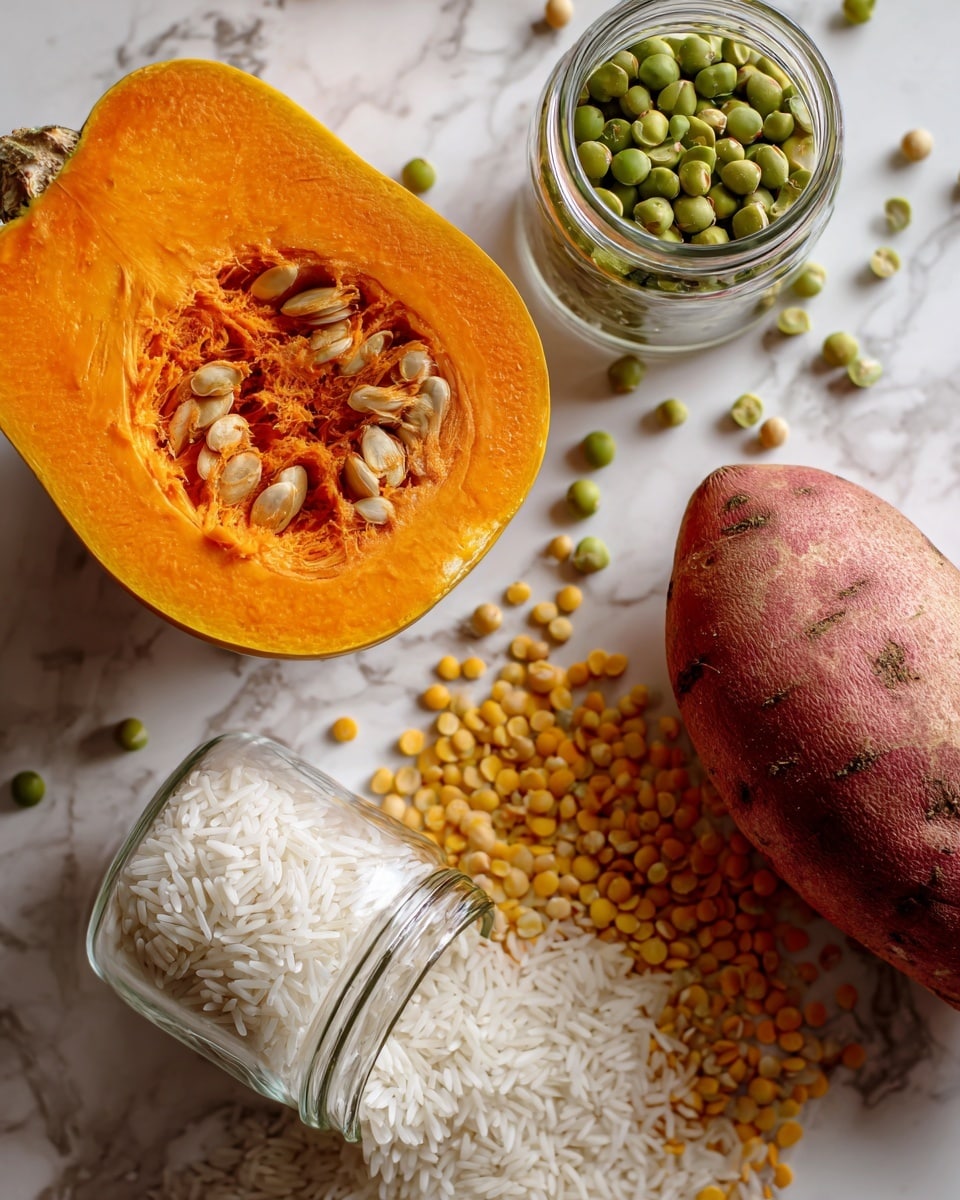 A close-up photo shows raw ingredients neatly arranged on a white marbled surface. On the left side is a bright orange half pumpkin with seeds visible in the center. Above it is a small glass jar filled with green split peas, and a few loose peas are scattered nearby. To the right is a large sweet potato with rough, reddish-brown skin. Below the sweet potato is an open small glass jar lying on its side spilling yellow split peas onto the surface. At the bottom center, there is a small glass bowl filled with white rice, completing the spread of ingredients. The photo taken with an iphone --ar 4:5 --v 7